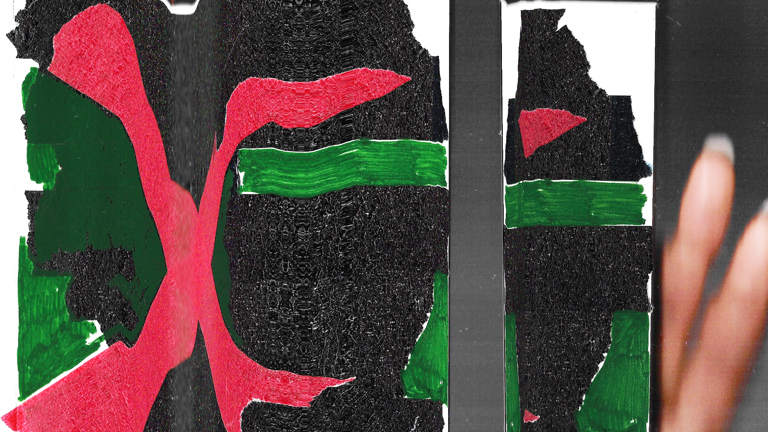Distored scan of a multimedia drawing, depicting a saltaire rendered in Pan-African colours of black, red, and green.
