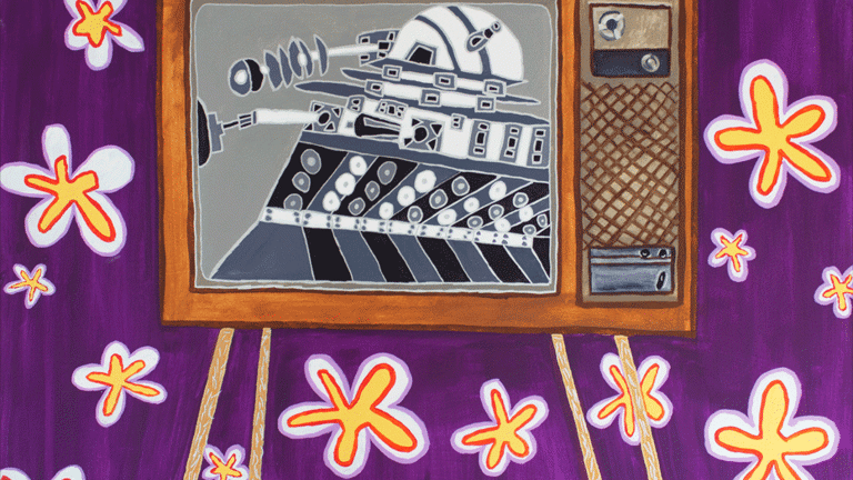 Colourful hand-drawn image of the Doctor Who Dalek on a tv, with a floral patterned background