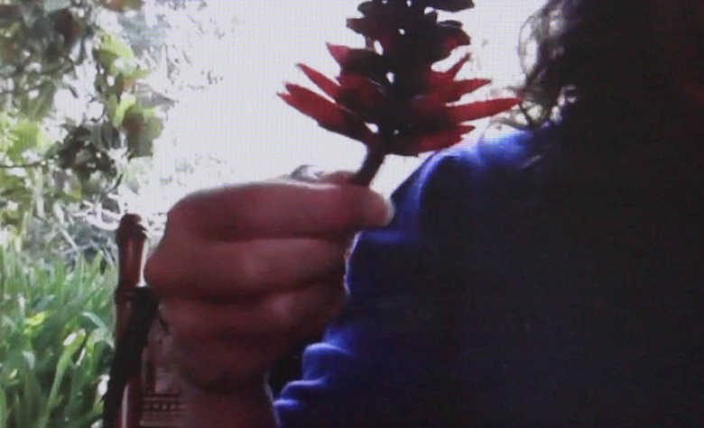 A close-up photo of the side of a person in a blue jumper holding a flower in their right hand. In the background is an outdoor area with plants.