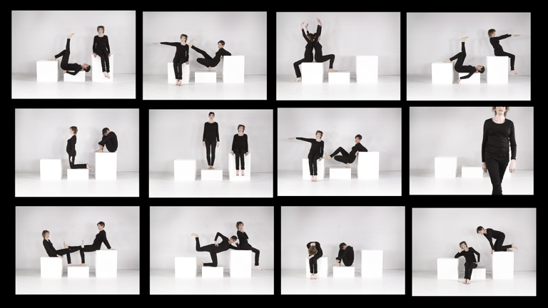 Fim Still , repeated shots of two women dressed in black in various poses on two white plinths