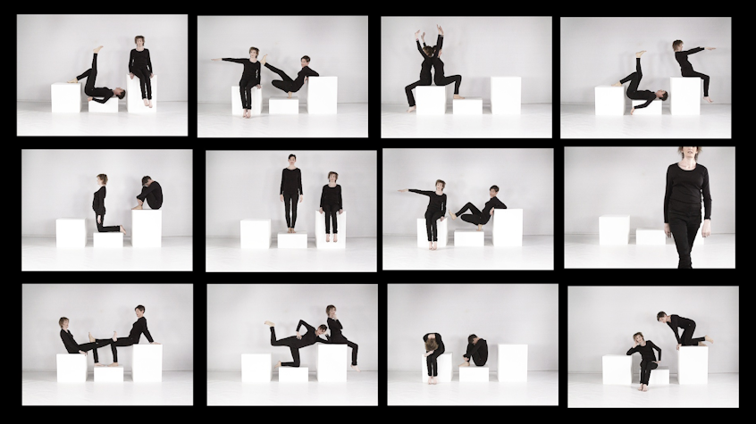Fim Still , repeated shots of two women dressed in black in various poses on two white plinths