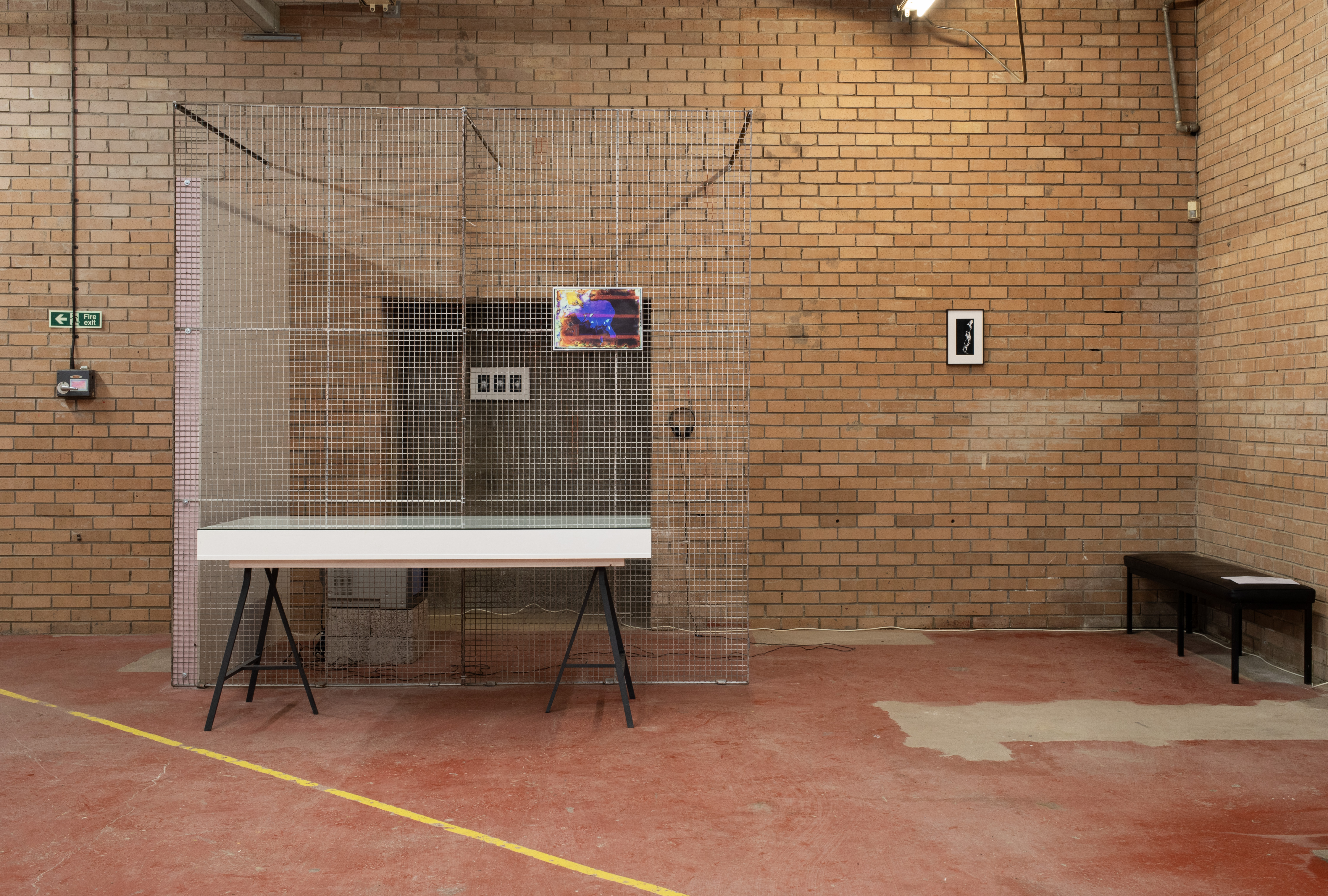 A wire-mesh partition and glass-topped display table in a brick-walled space, with a small framed photograph, colour print, and black and white portrait hung on the surrounding walls.