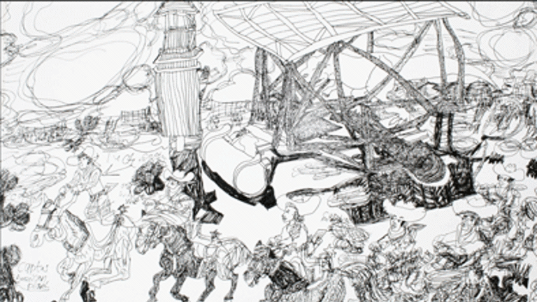 detail of intricate black pen drawing showing small animals and figures overlaid