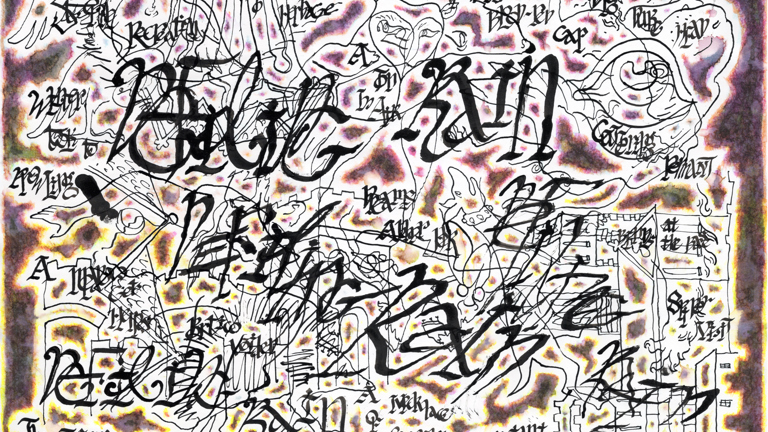 A series of typographic font in a graffitied style. The text is in black, with a white background. The background of the piece is a range of colours with a rusted texture. 