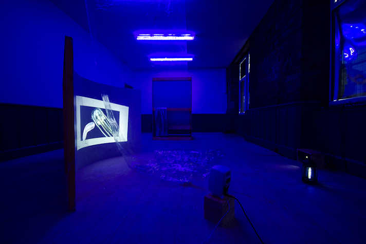 Multi faceted installation of sculpture, sound and film