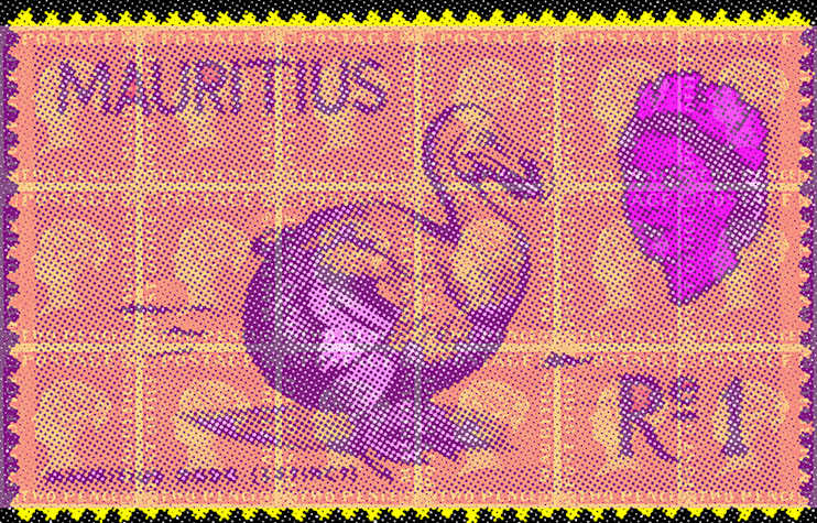 A large rectangular pink postage stamp with an image of a purple dodo bird and the text 'R1' and 'Mauritius'.