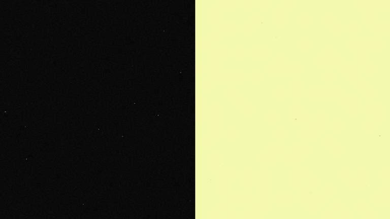 A split colour image. On the left is black, on the right is a cream/yellow. 