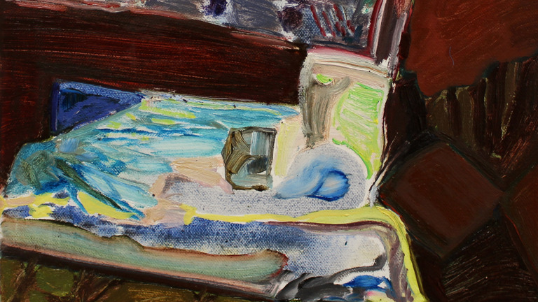 An abstracted fusebox painted in oil, the composition shows large and loose brushstrokes. The primary colours are blue and brown. 