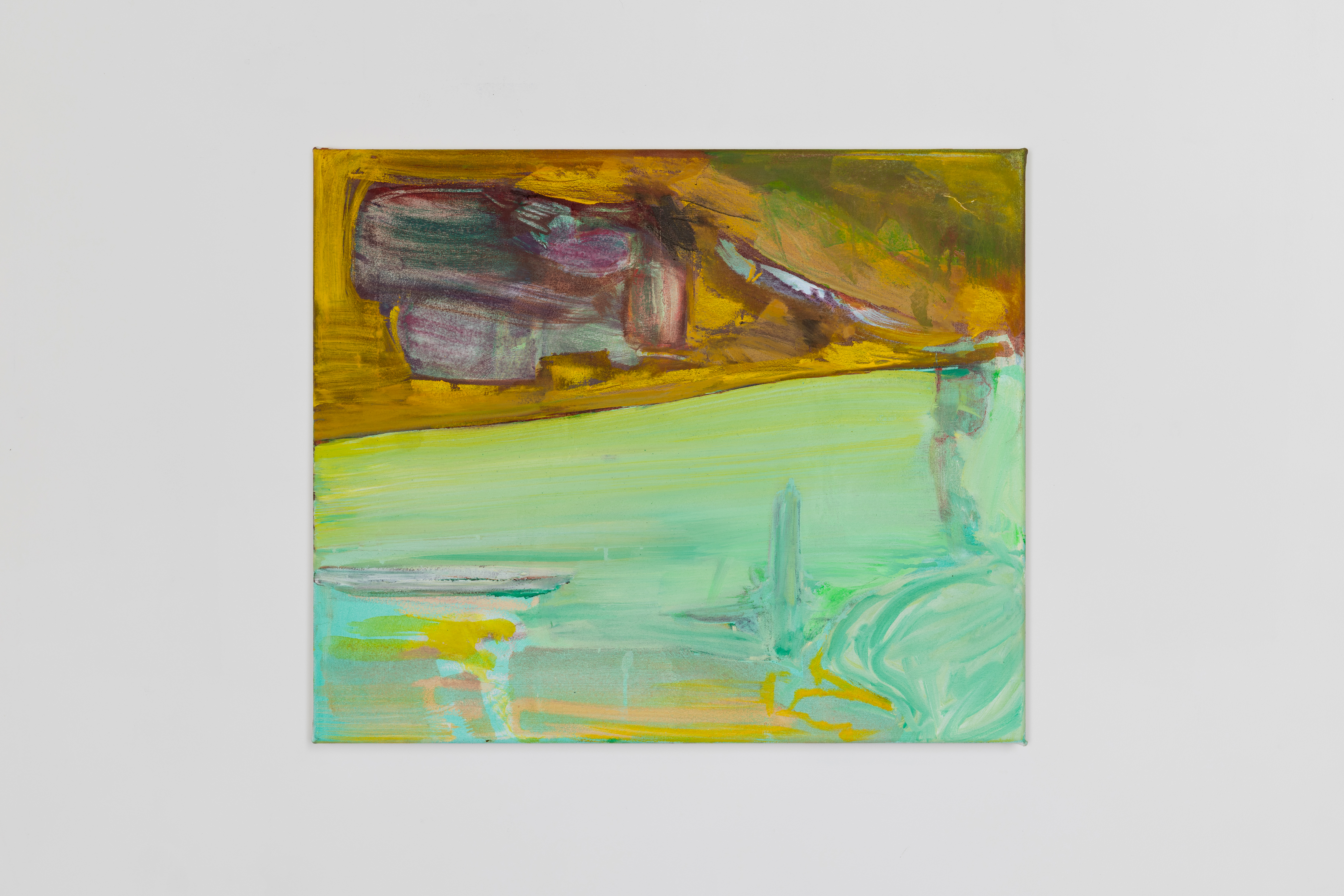 Amelia Barratt's "Lift," an oil painting in ochre and jade green tones suggesting a landscape or window view with a pale reflective surface below.