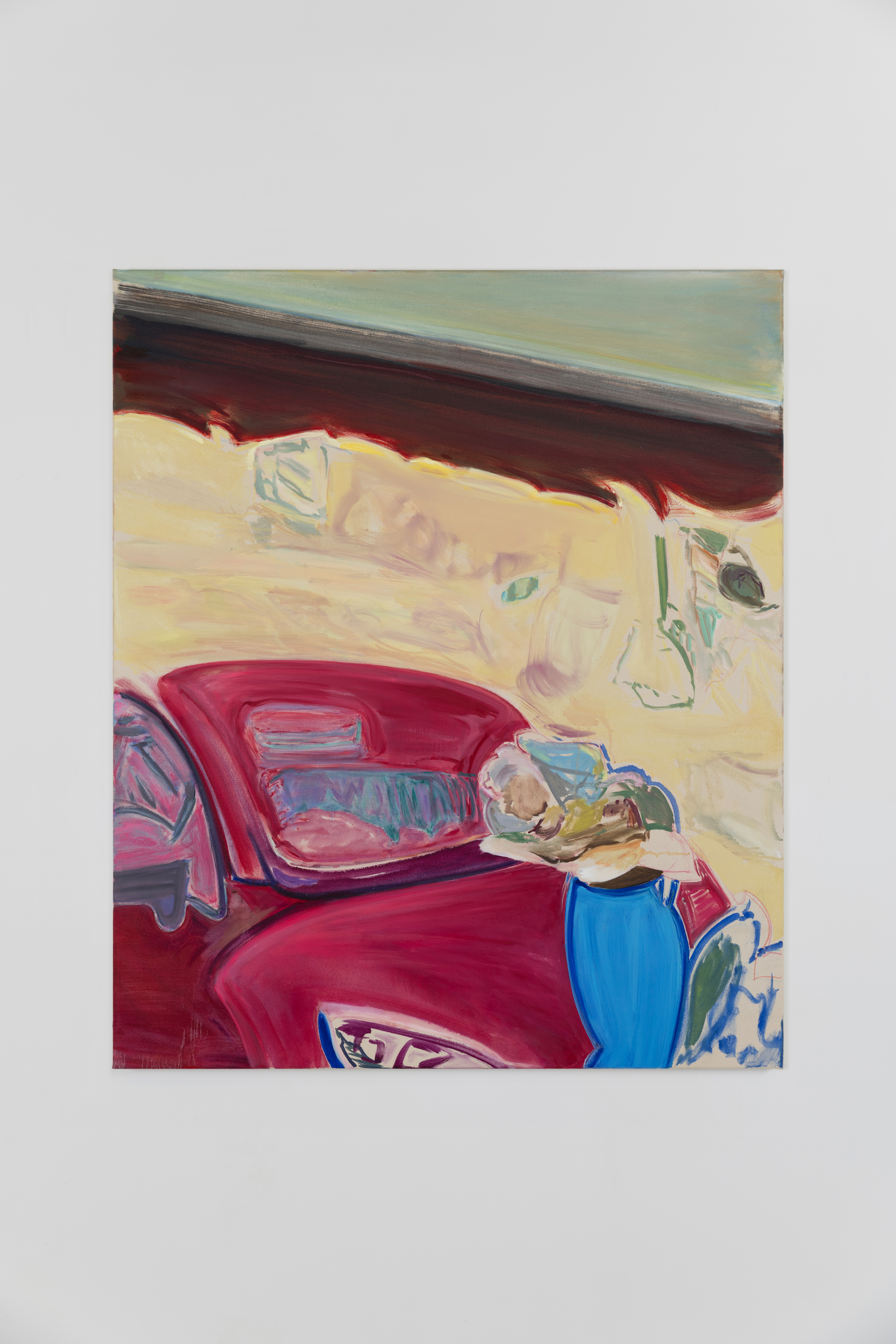 Amelia Barratt's "Sunscreen," an oil painting showing a red car-like form beneath a pale wall, with a figure in blue rendered loosely at its edge.