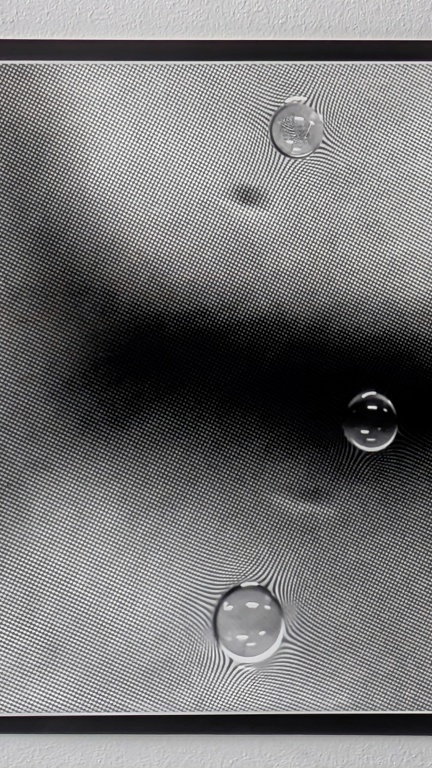  Black-and-white silver gelatin photograph in which a shadow made of many small square dots falls across the centre of the image. Three small bubbles float across the surgace, distorting the dotted pattern beneath them. 