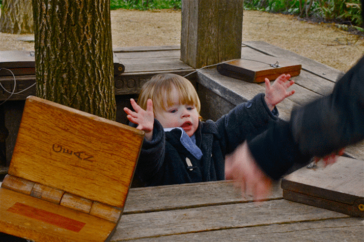 A little boy is reaching out from a wooden box made around a tree. A pair of hands, are reaching out for the child from the right corner of the frame. There is a wooden book with the word "GEAN" carved on it vertically.