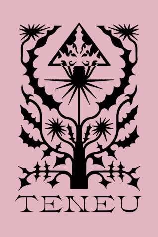 A pink background with a black graphic on it, which is an abstract tree-like image. Beneath in black font reads 'TENEU'