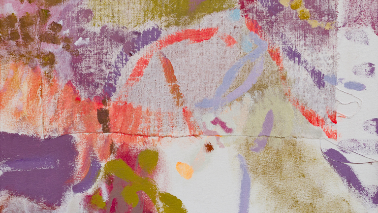 An abstract oil and acrylic collage on canvas. Colours mostly consist of purples, organes, greens and whites. 