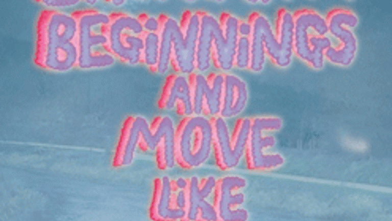 Graphic with the wording 'Excavating Beginners and Move Like Water', in pink and purple over a blue background