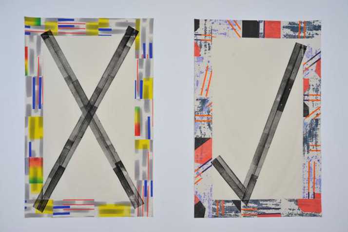 two canvases next to each other on a wall. one has a large cross in ink and the other a tick in ink. both are bordered by coloured patterns