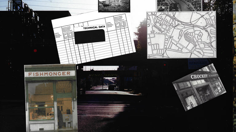 A collage of different photos onto of a background of a shadowy street. The images include a map, a graph, and a photo of a fishmonger.
