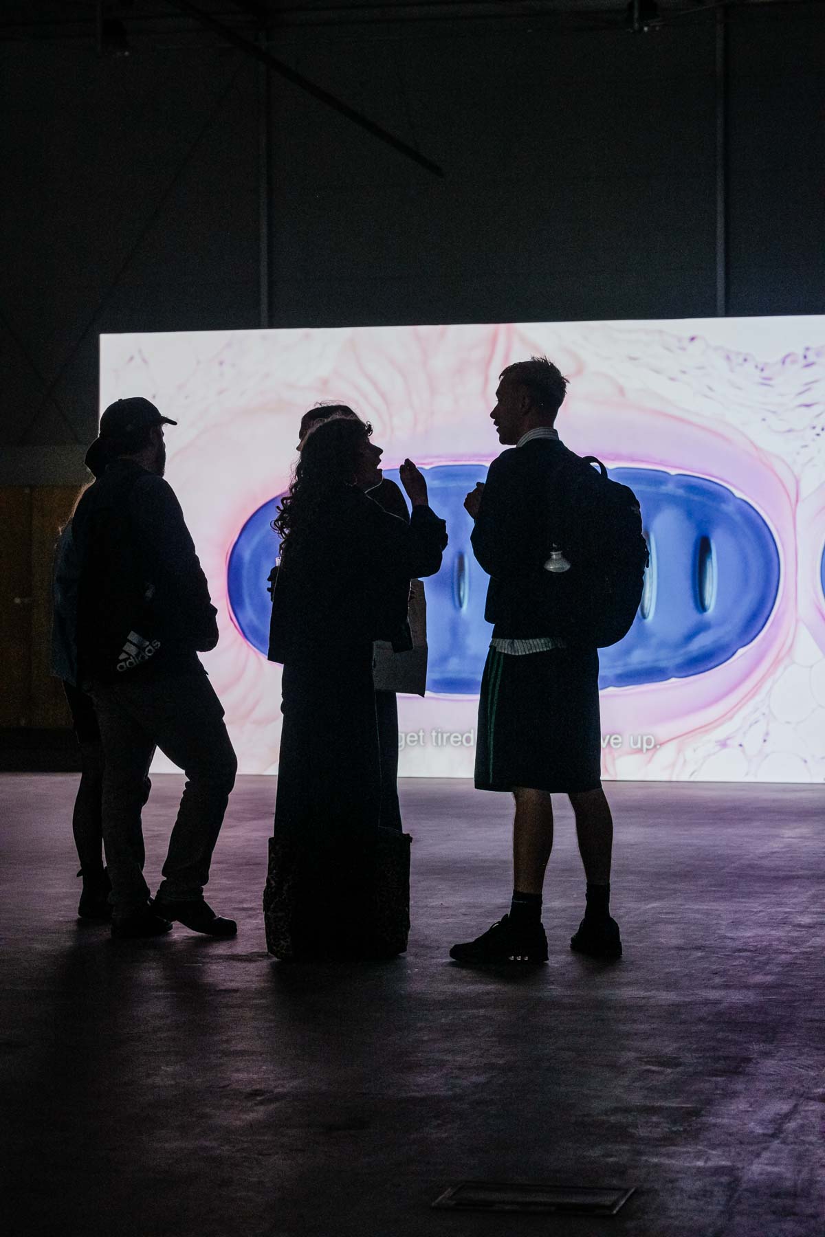 Installation view of a large video screen showing an abstract blue capsule-like form on a pink background with subtitled text, three visitors silhouetted in conversation in front of the projection.
