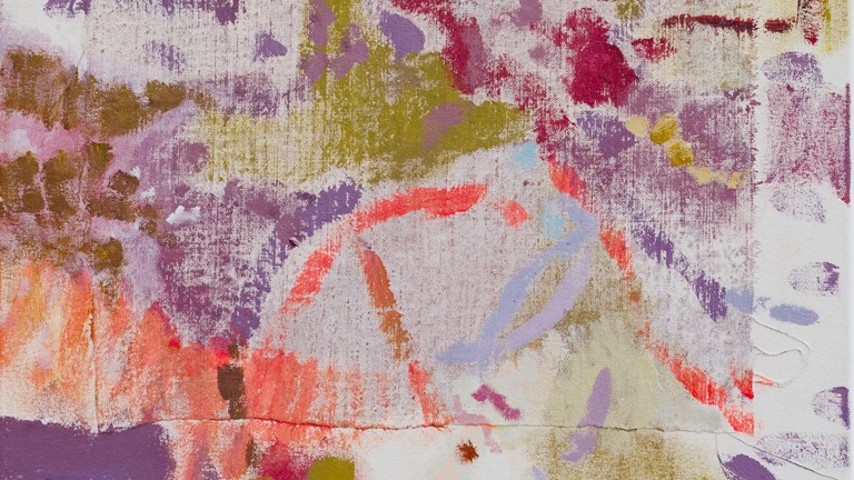 An abstract oil and acrylic collage on canvas. Colours mostly consist of purples, organes, greens and whites. 