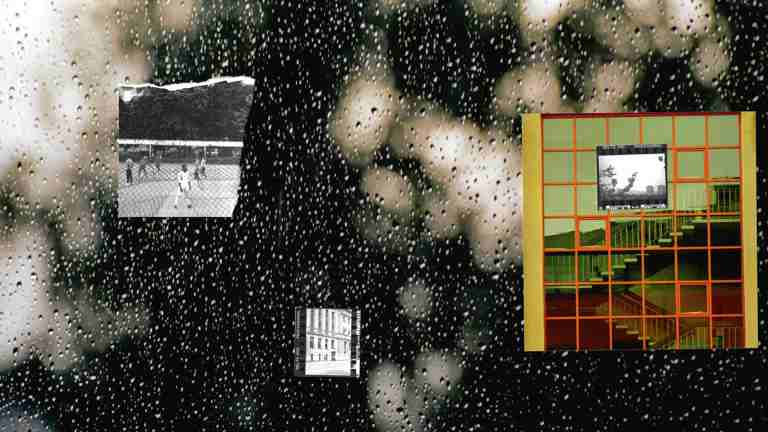 digital collage. image in the back is raindrops on a window with blurred scenery behind. there is a small image of a black and white film negative, an image of stairs through a gridded window, and torn image of people through a fence , overlayed on top.