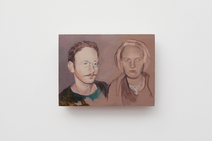 oil painting on board. the painting shows two people. the person on the left is more completed with skin tones whereas the person on the right appears unfinished as if still an underpainting.