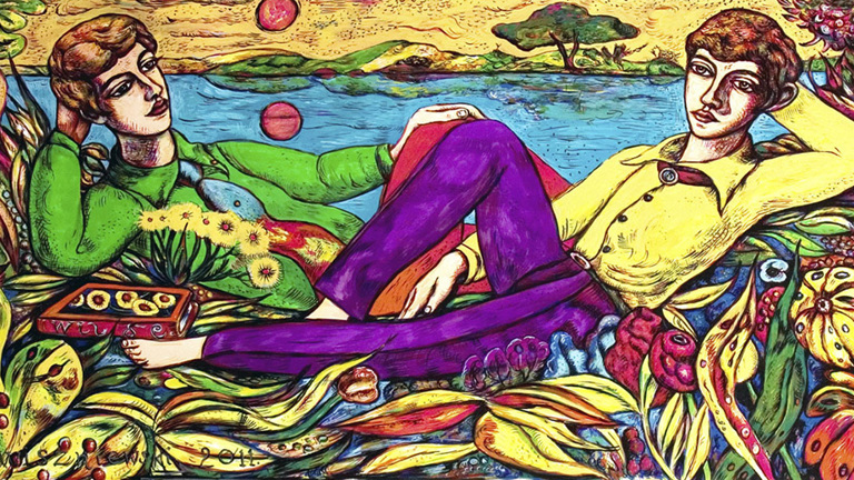 colourful figurative painting of two people lying by a body of water