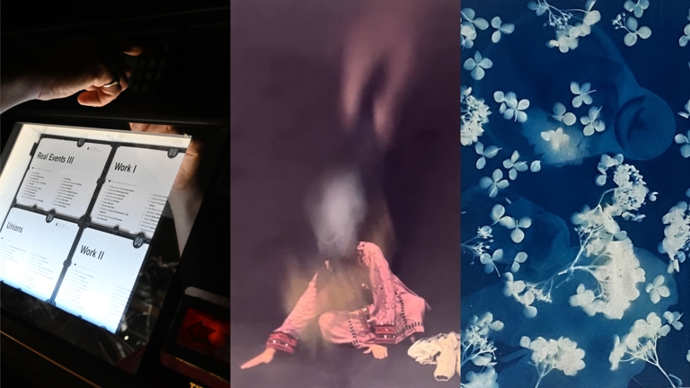 A composite image arranged horizontally in three sections. One the left, a close-up of a lit jukebox screen lists song categories while a hand hovers above it slecting a track. In the centre, a woman wearing a pink fown with decorative edges sits cross-legges on a stage performing a wiping movement, her head blurred. On the right, a blue cyanotype print on textile shows white flowers and othe indistinct shapes. 