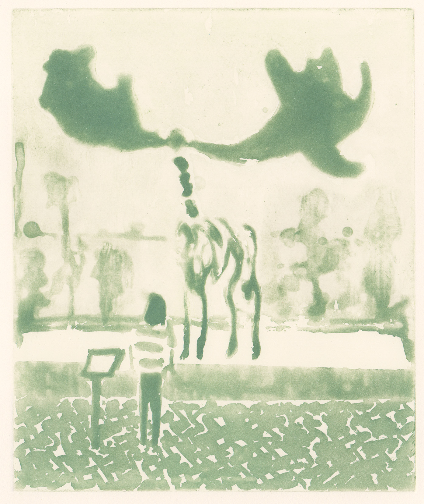Soft blue etching depicting a child looking up at a giant prehistorical skeleton in a musuem.