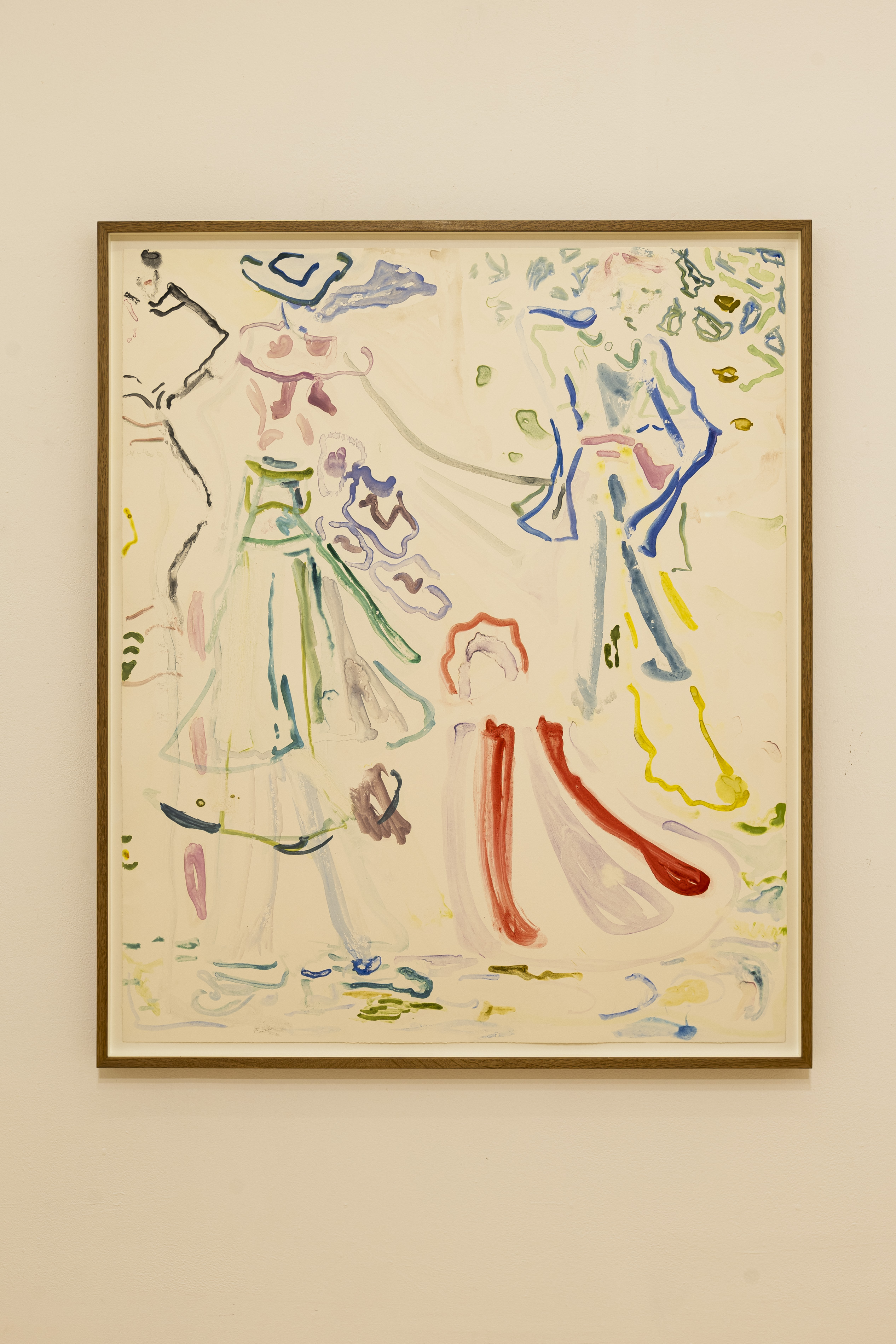 A loose, colourful watercolour by Andrew Cranston or Lorna Robertson showing two abstracted figures in flowing dress-like forms, rendered in blues, pinks, reds and yellows against a cream background.