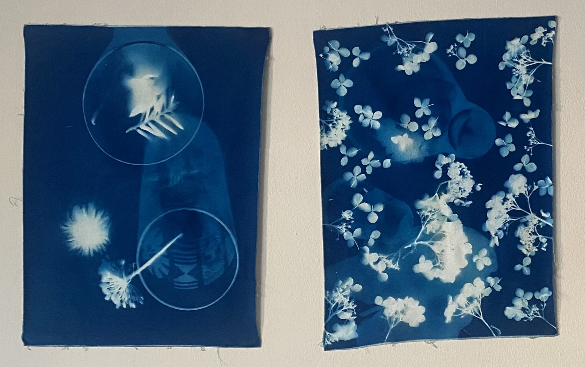 a blue cyanotype print on textile shows white flowers