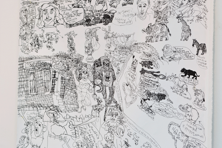 an intricate black pen drawing showing a range of people and animals including santa claus and a North African hippo