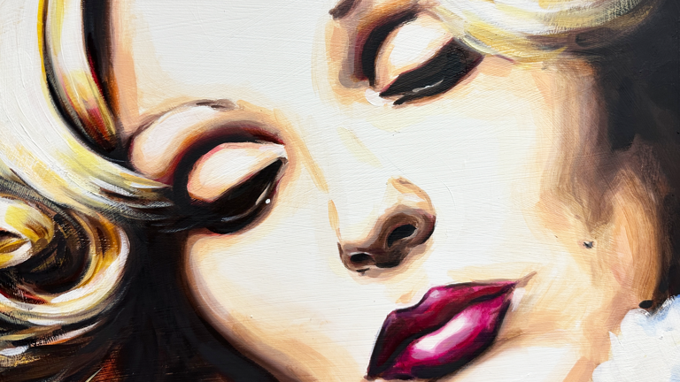 An oil painting showing a close of of a blonde, white woman. 