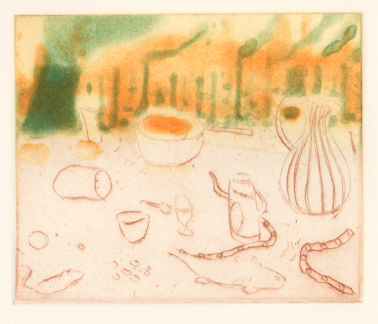Etching of a tabletop scene rendered in muted colours and soft lines