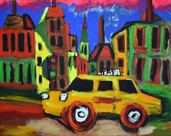 Gestural painting with bold colours. A bright yellow NYC taxi cab in profile in foregraound. Behind it there are several buildings in green, yellow, red and brown. Each have black windows and there is a traffic light as well. The sky behind is mostly bright blue with a thin strip of hot pink at the top.]