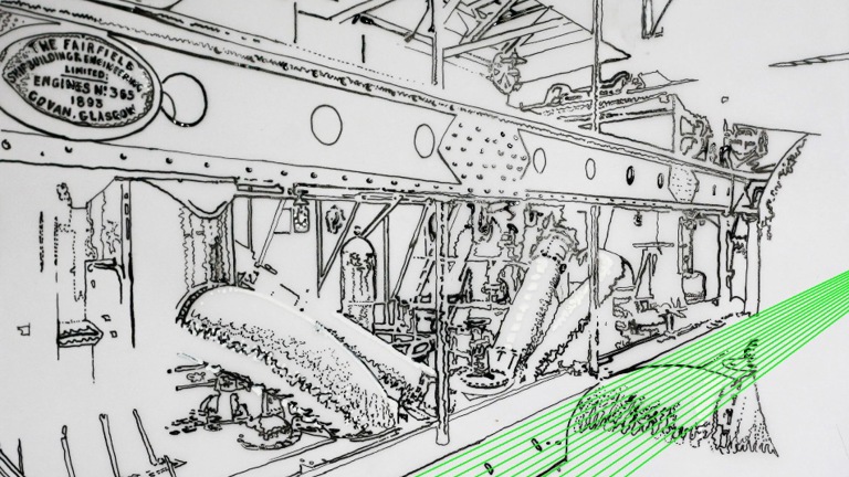 technical/ink sketch of Fairfield shipbuilding, detail