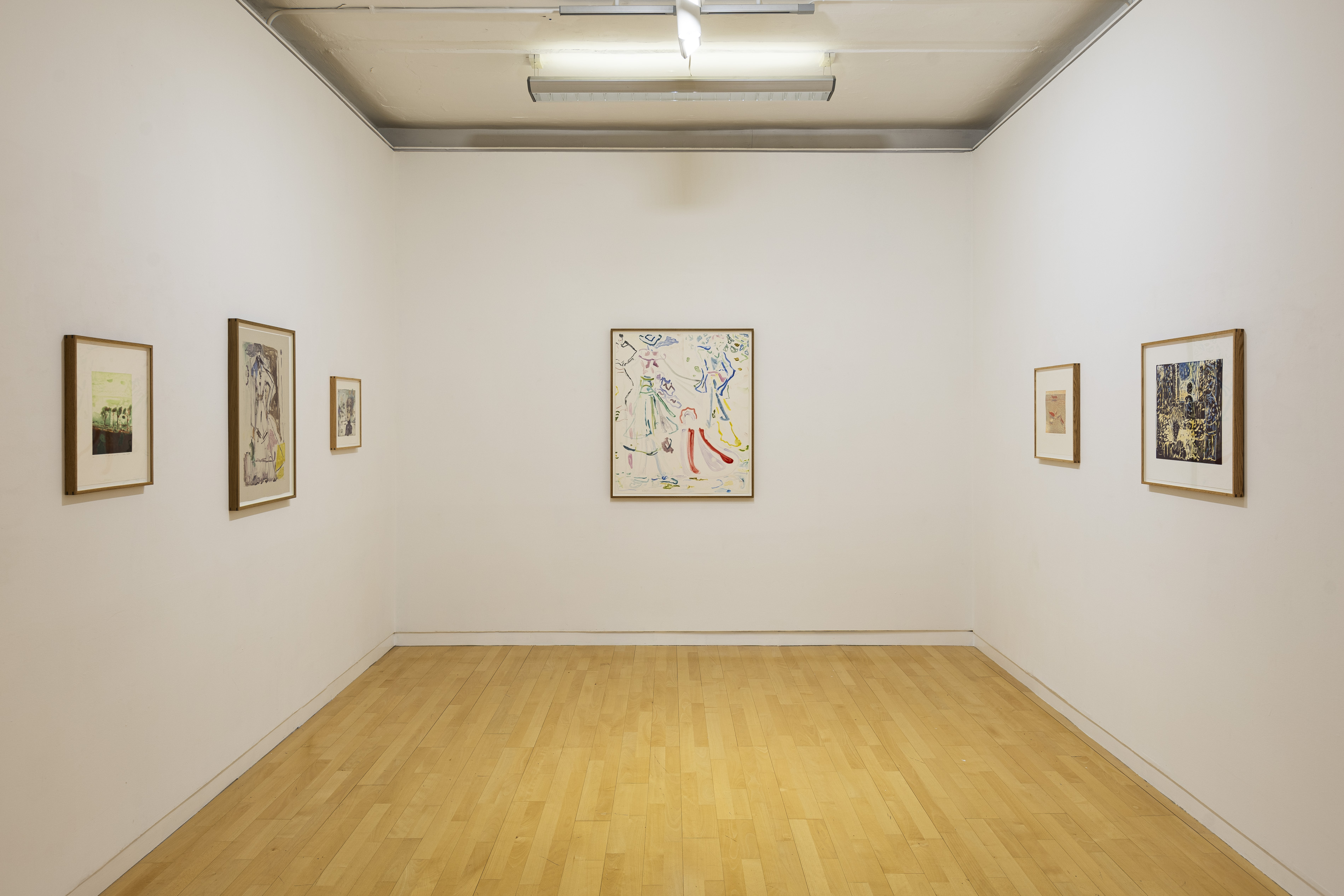 A gallery corner hung with six framed watercolour and mixed-media works by Andrew Cranston or Lorna Robertson, ranging from loose figurative sketches to a colourful abstract centrepiece.