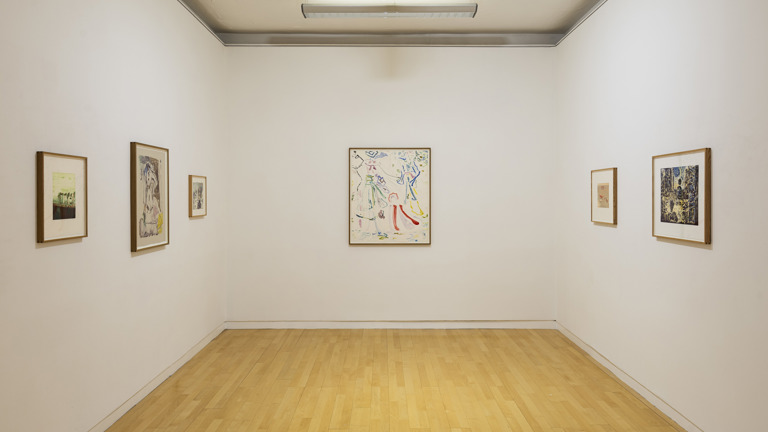 A gallery corner hung with six framed watercolour and mixed-media works by Andrew Cranston or Lorna Robertson, ranging from loose figurative sketches to a colourful abstract centrepiece.